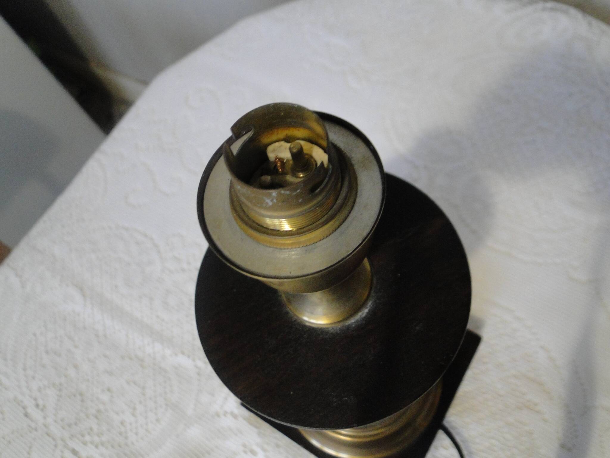 Large wood and brass table lamp stand on square base