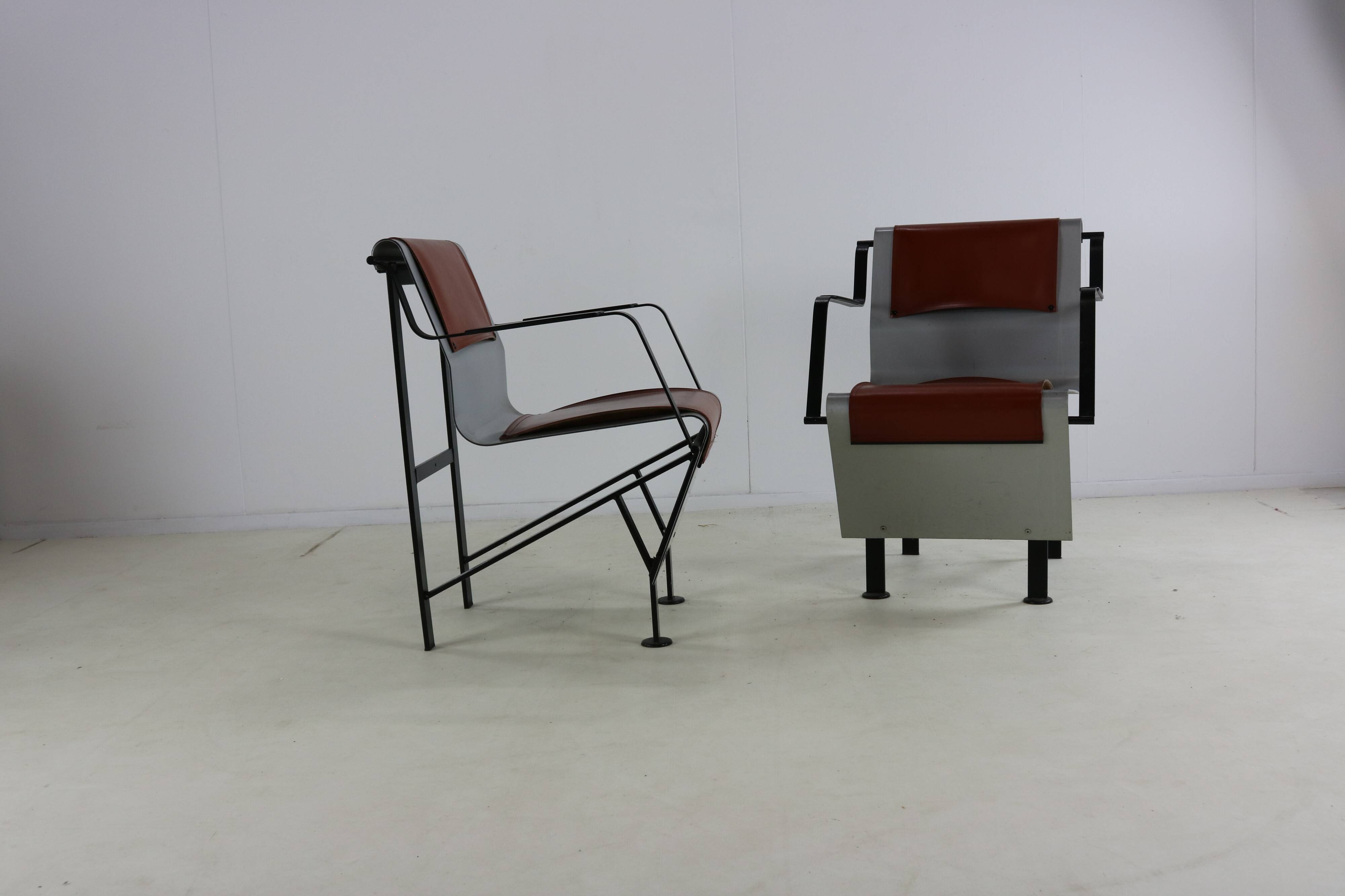 Eighties design set of two aluminium and steel Belgian design chairs