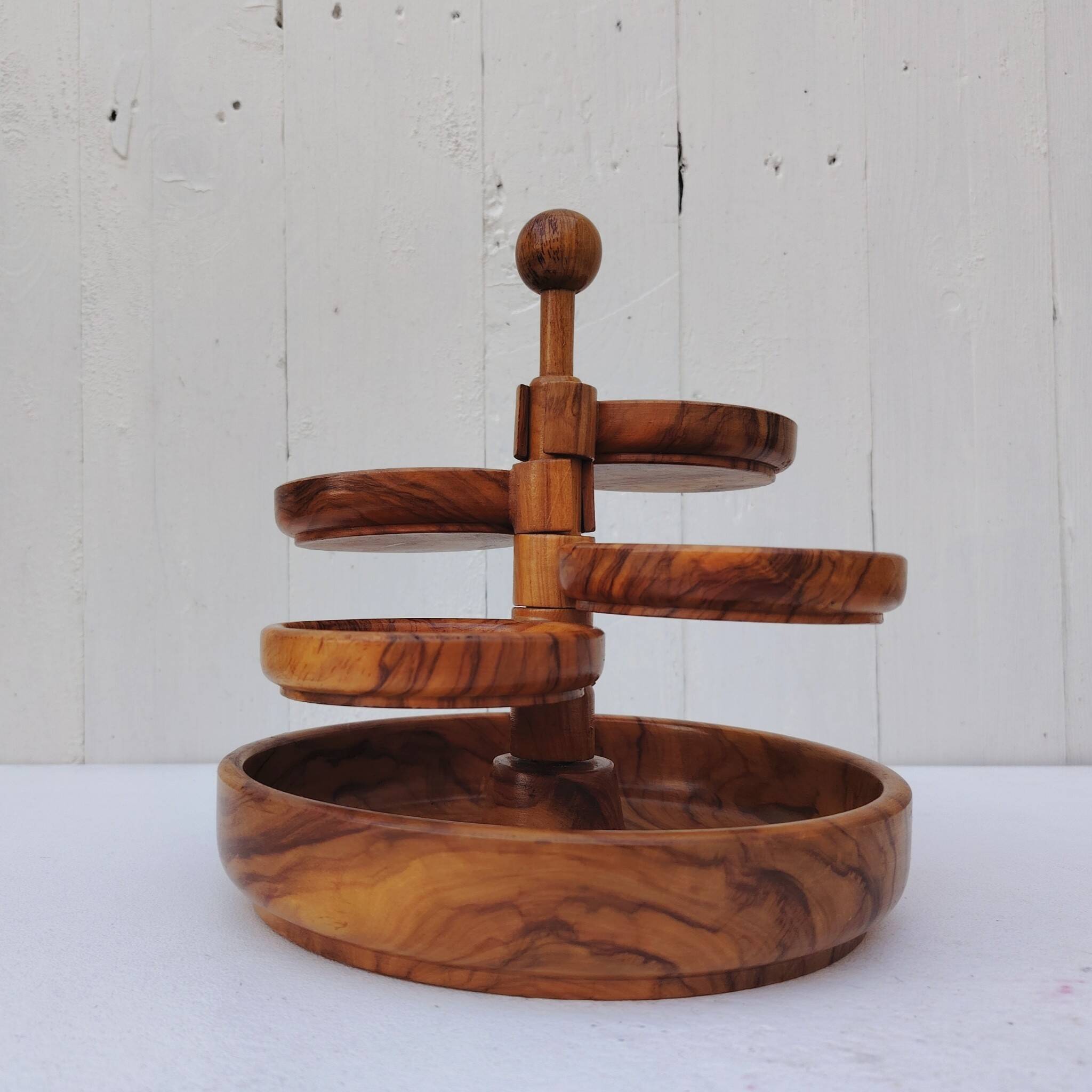 Aperitif server, olive wood, 70's design.