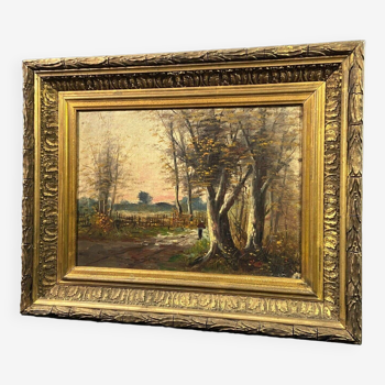 Painting Barbizon School animated path twilight wooden frame gilded stucco late 19th century