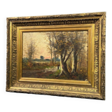 Painting Barbizon School animated path twilight wooden frame gilded stucco late 19th century