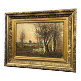 Painting Barbizon School animated path twilight wooden frame gilded stucco late 19th century