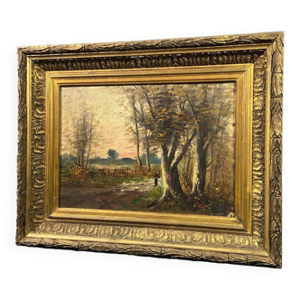 Tableau Ecole de Barbizon chemin animé crépuscule cadre bois stuc doré fin XIXe