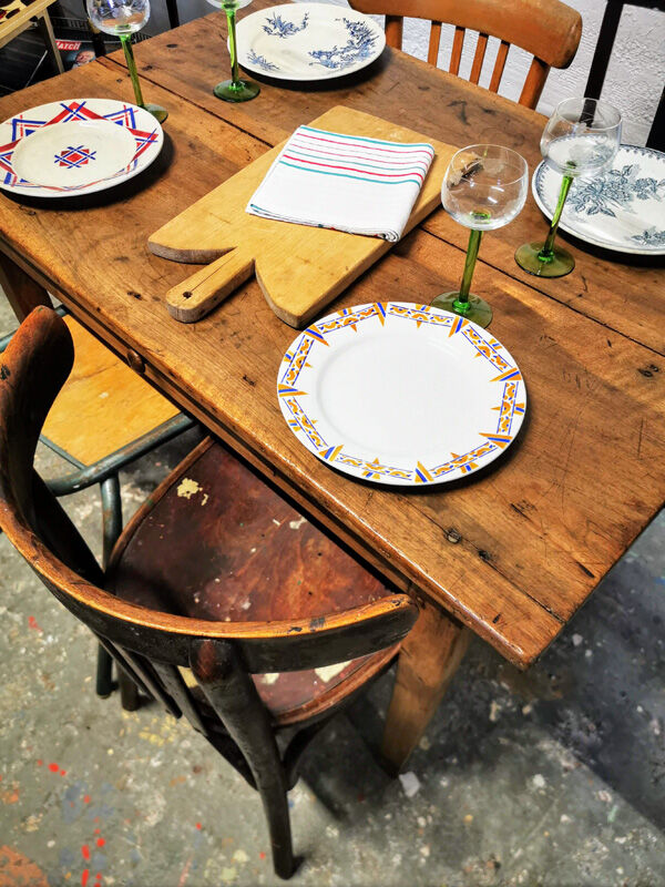 Old farm table with extension cords