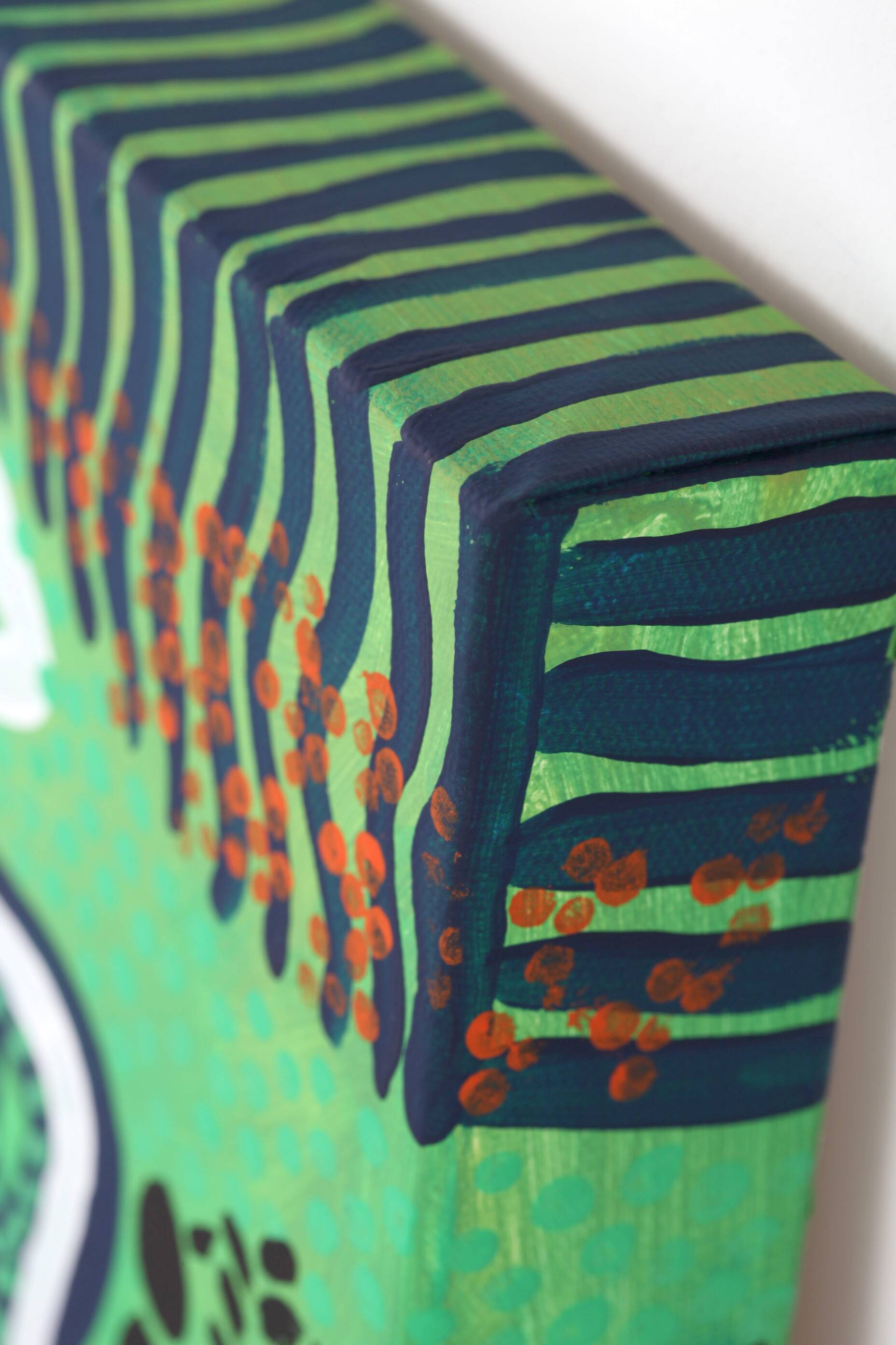 Modern abstract green, yellow, blue and white mixed media painting