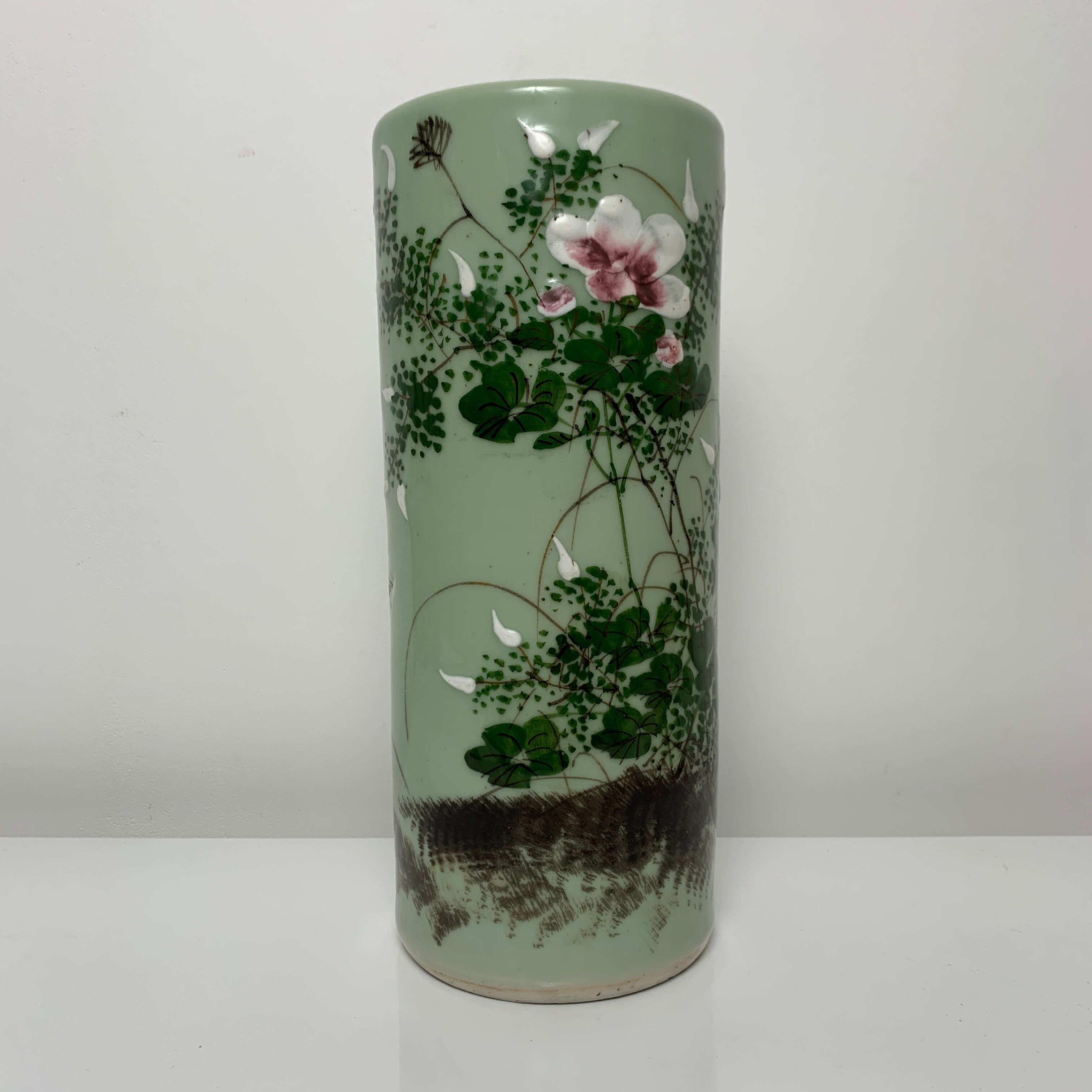 Ancient Japanese roll vase Celadon Seto 19th flower decoration