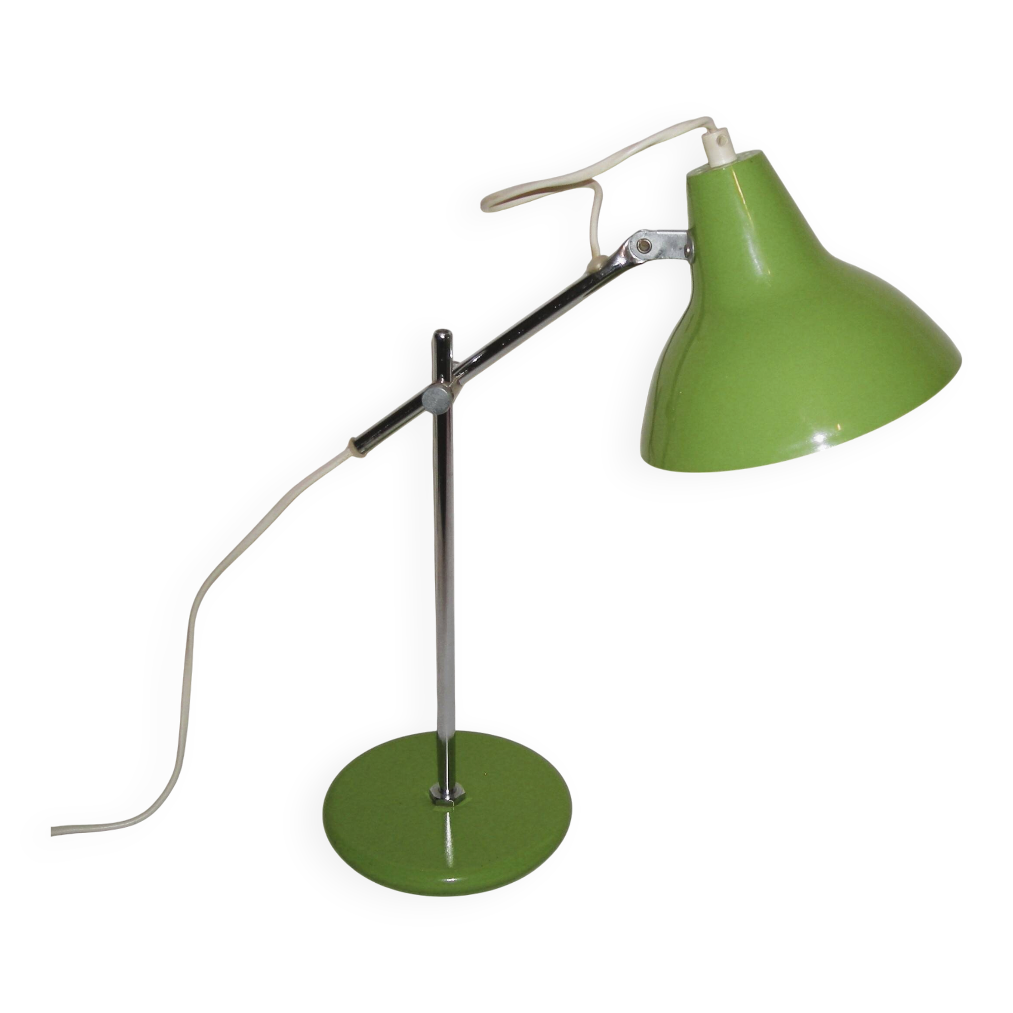 Green desk lamp with an arm from the 1970s.