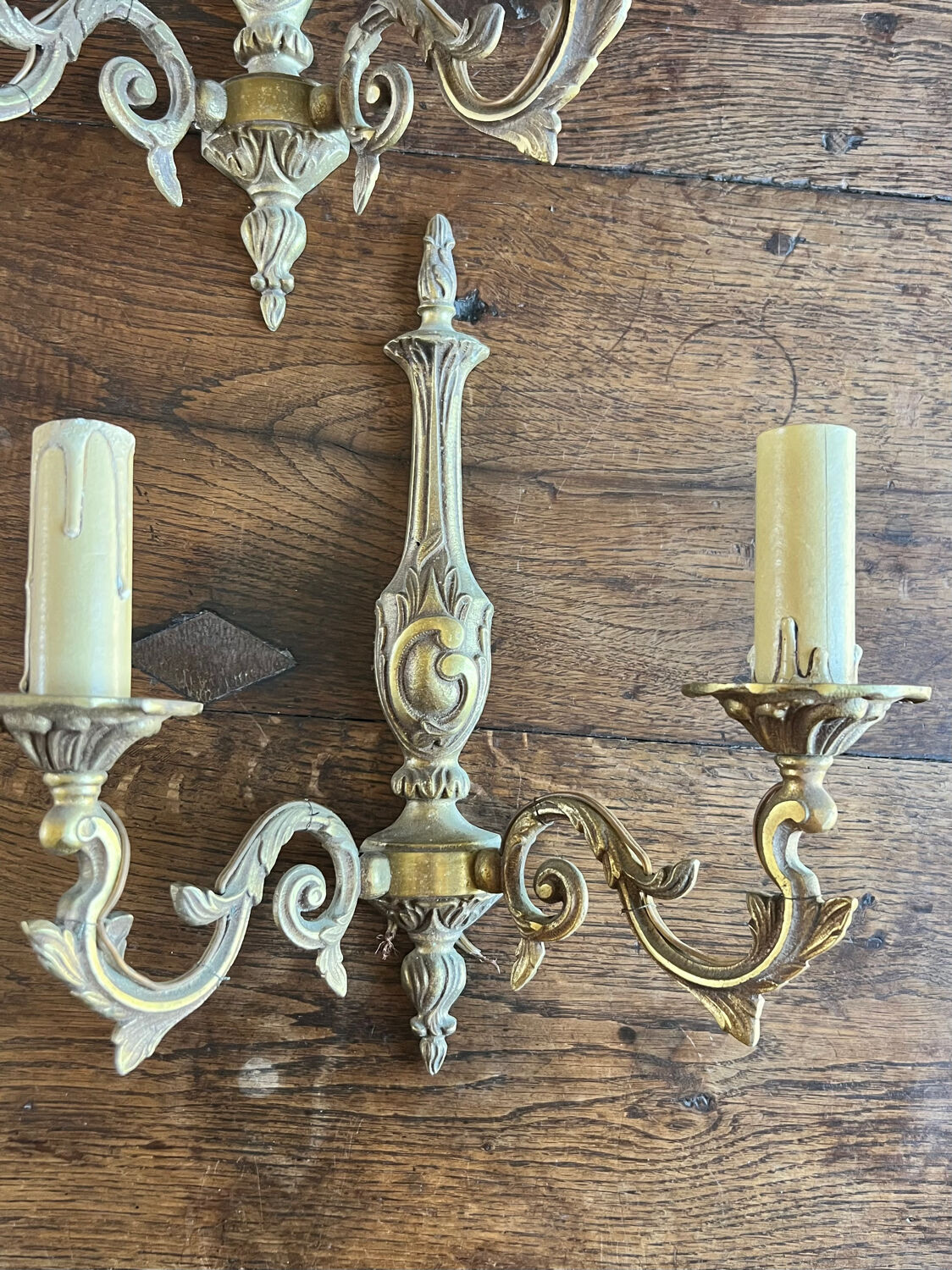 Pair of antique bronze double fire sconces - art nouveau