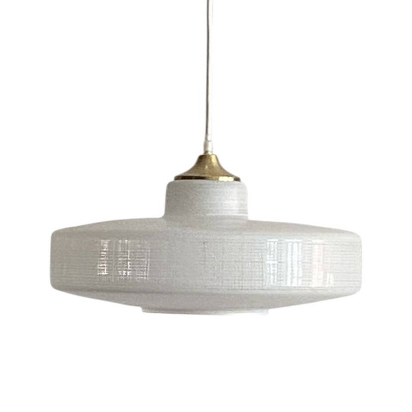 Large white glass pendant light with stripes 36 cm