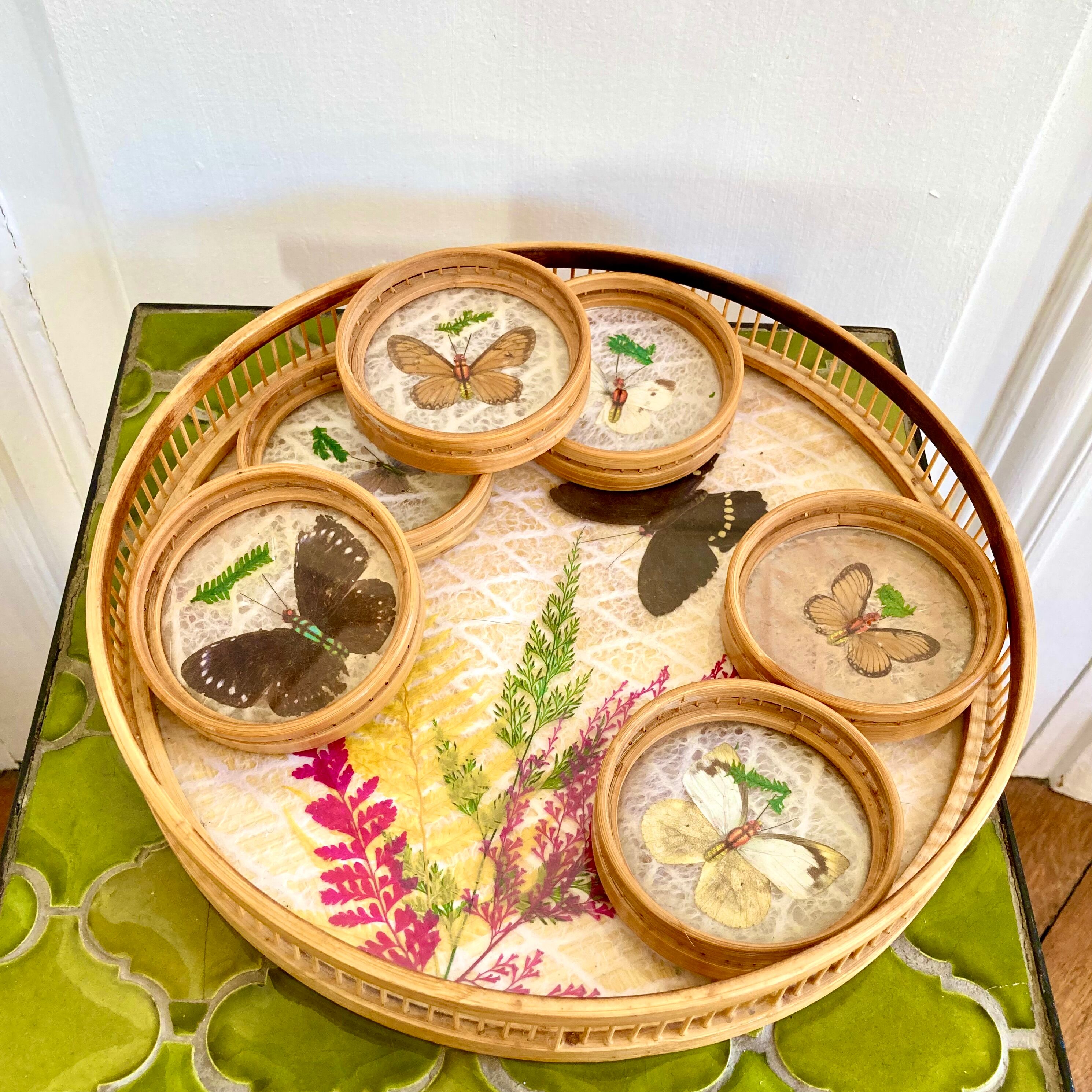 Bamboo butterfly tray and 6 vintage coasters