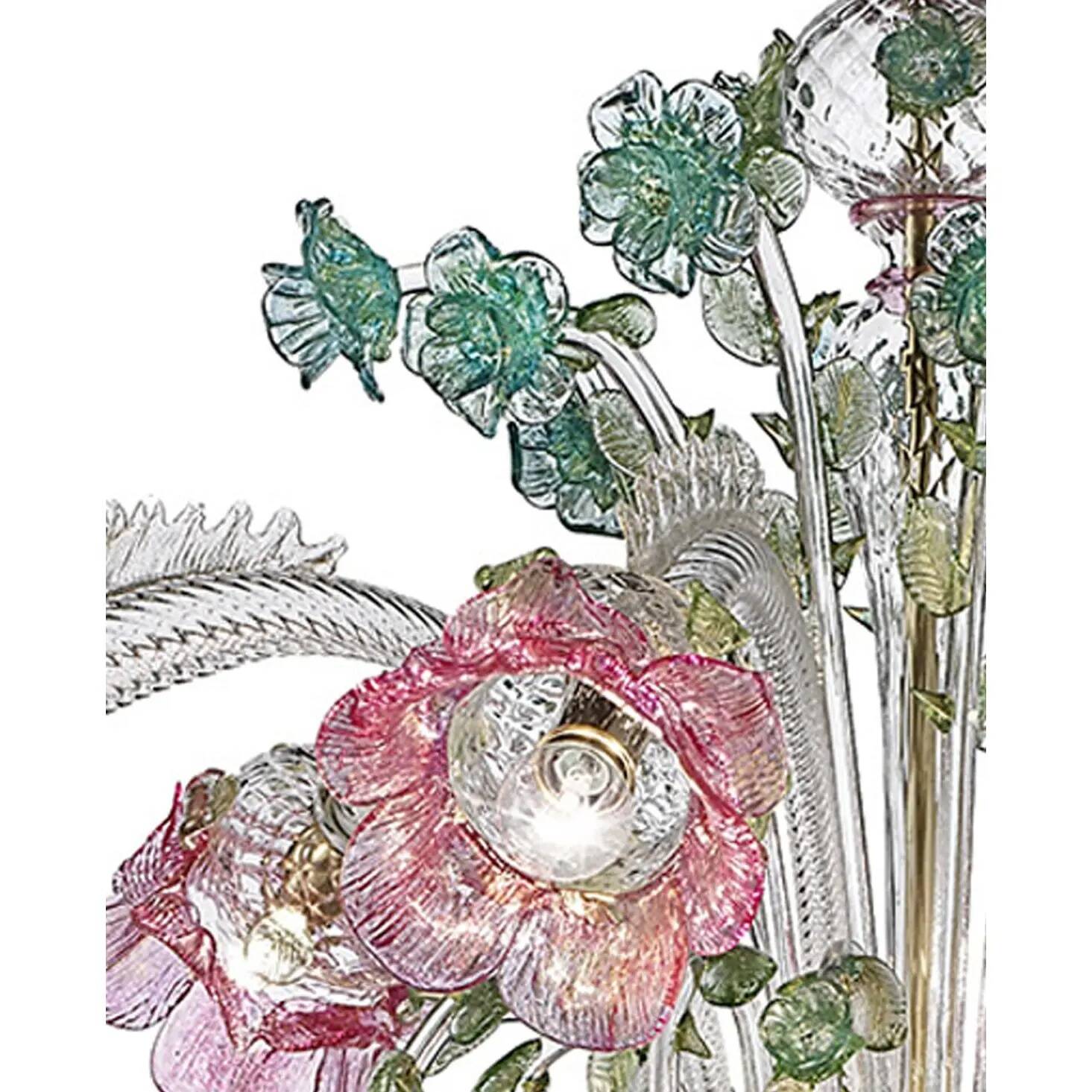 Ornate Venetian Pink and Green Floreal Murano Glass Chandelier
