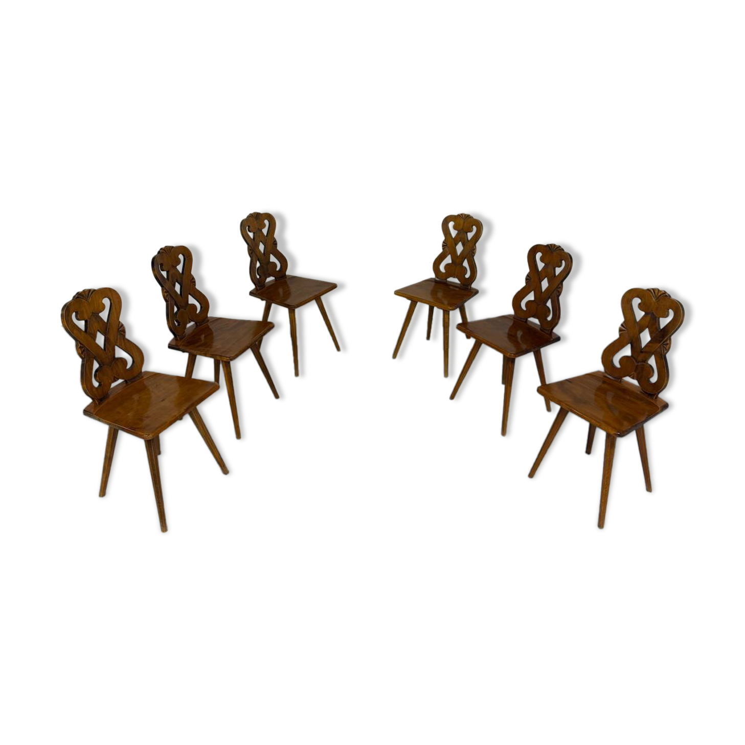 Set of 6 Alsatian double heart chairs in solid oak, early 20th century