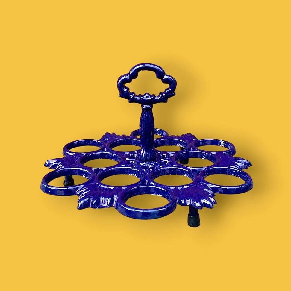 Pair of antique blue enamelled cast iron egg stands - 1960s