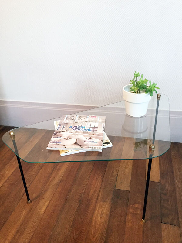 Table basse tripode verre et métal, années 50