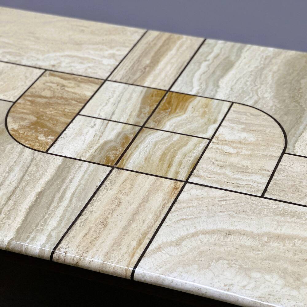 1970s travertine coffee table with sculptural top and solid oak base