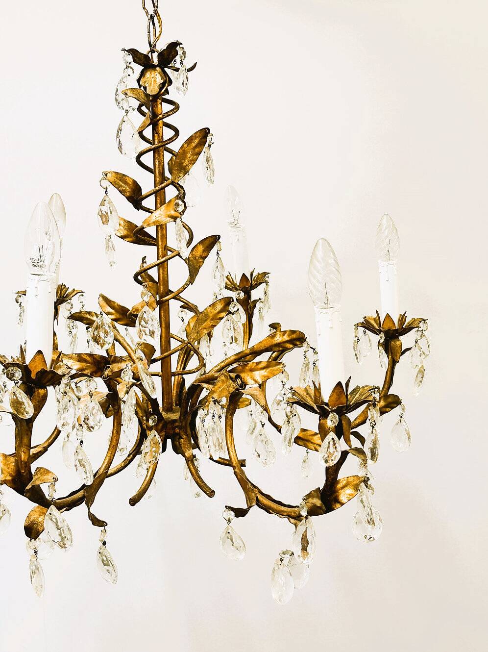 Vintage gold leaf crystal chandelier with 6 lights, 1950s.