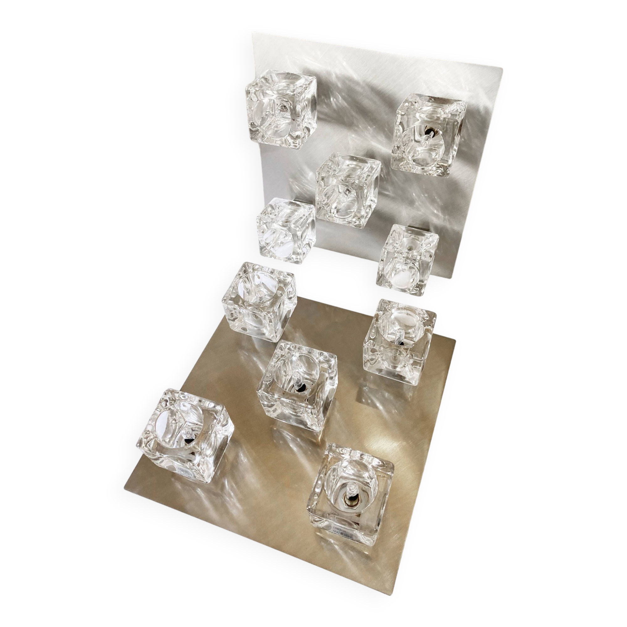 Brushed metal ceiling light and glass globes, 5 halogen candles