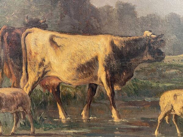Andres Cortes (peintre espagnol 1812- 1879), paysage aux vaches et moutons. Huile sur toile XIXe