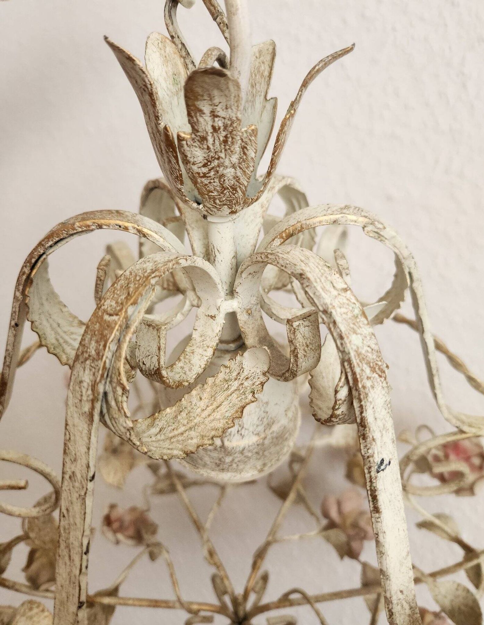 Hand-forged vintage pendant lamp with porcelain roses, Denz Neheim Hüsten