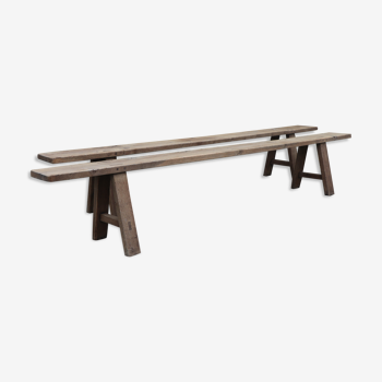 Pair of large solid wood benches XIXth