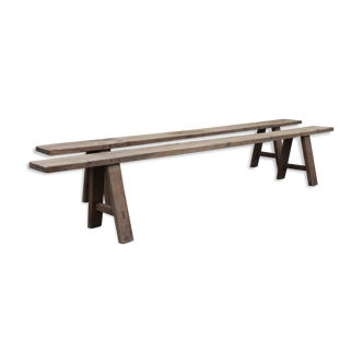 Pair of large solid wood benches XIXth