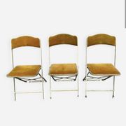 3 antique folding opera chairs in golden velvet and brass