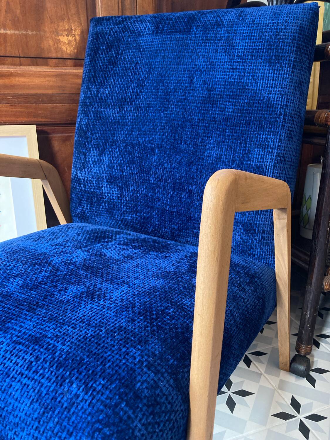 Scandinavian blue velvet armchair