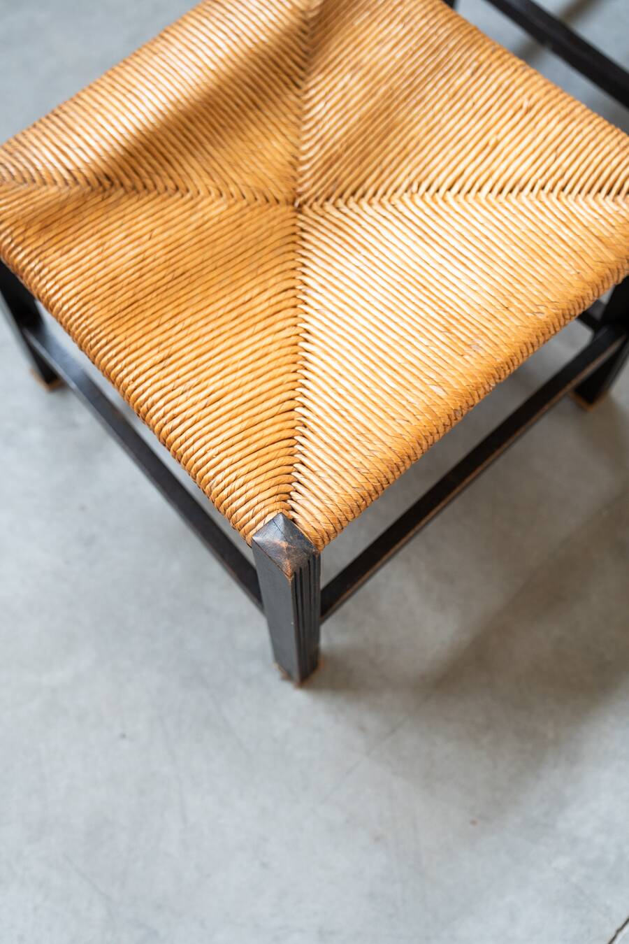 2 low bedroom chairs in hand-woven rice straw, 1950s/1960s