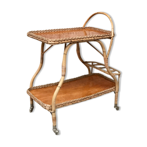 Desserte roulante vintage en bois et en rotin