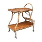 Desserte roulante vintage en bois et en rotin