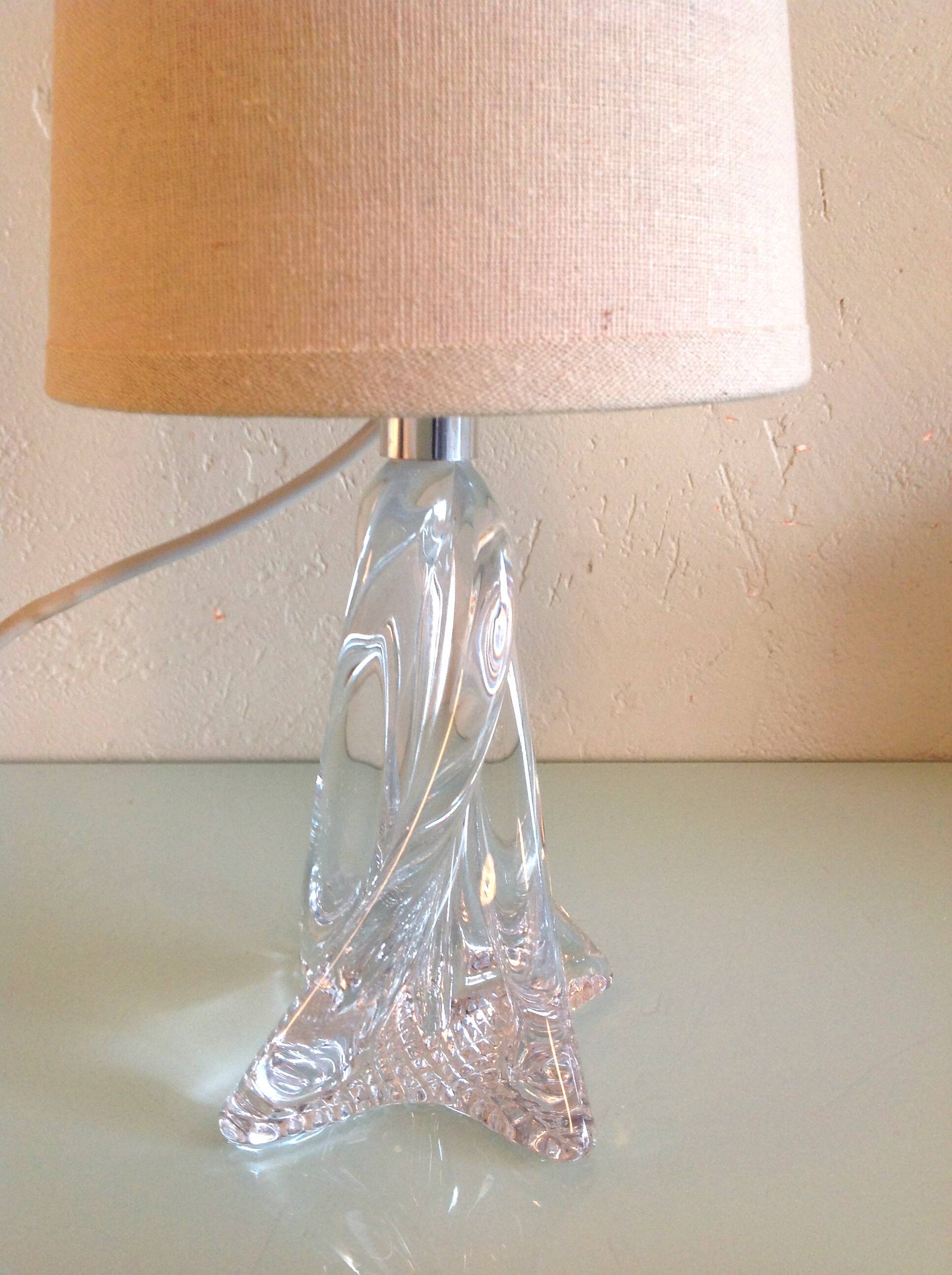 Bedside lamp with glass base and beige fabric lampshade / vintage 60s-70s