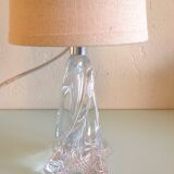 Bedside lamp with glass base and beige fabric lampshade / vintage 60s-70s