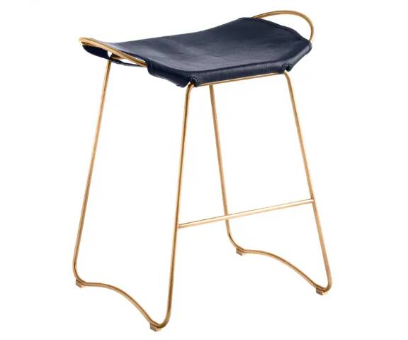 Pair of navy blue bar stools with gold brass finishes.