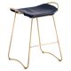 Pair of navy blue bar stools with gold brass finishes.