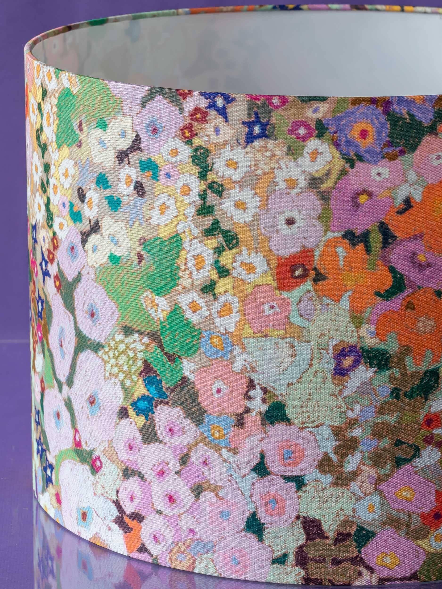 Large floral maximalist table lamp with a Delft ceramic base and new lampshade.