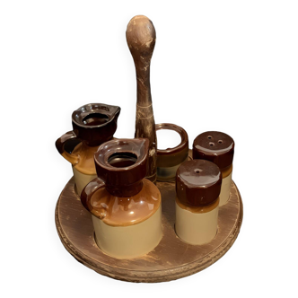 Servant wood and terracotta oil vinegar salt pepper mustard vintage old pottery tray