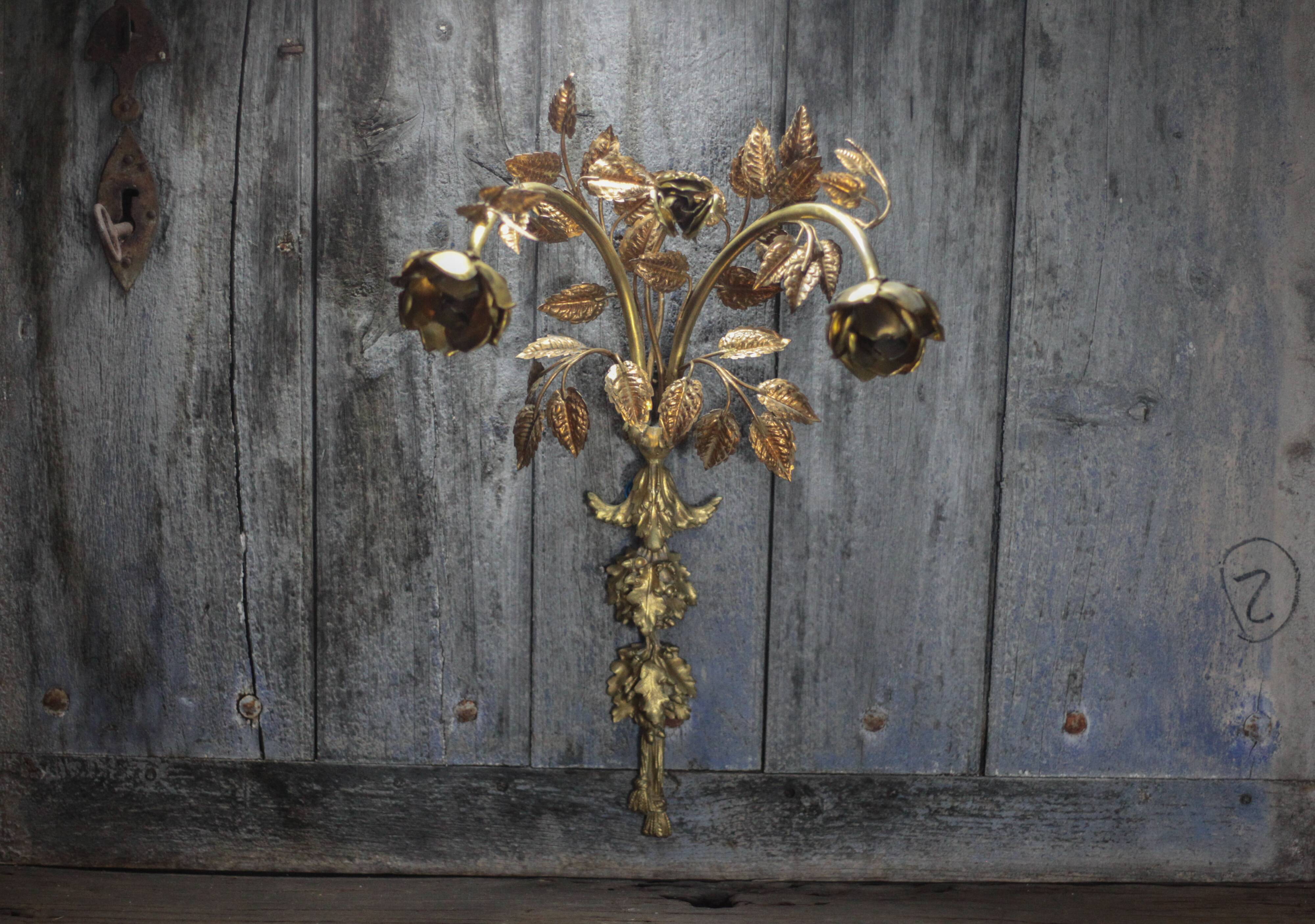 Pair of bronze and gold metal floral wall sconces, flower wall lamp.