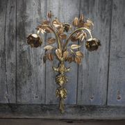 Pair of bronze and gold metal floral wall sconces, flower wall lamp.
