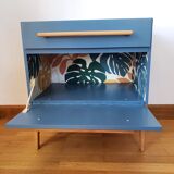 Blue sixties cabinet and monstera leaves