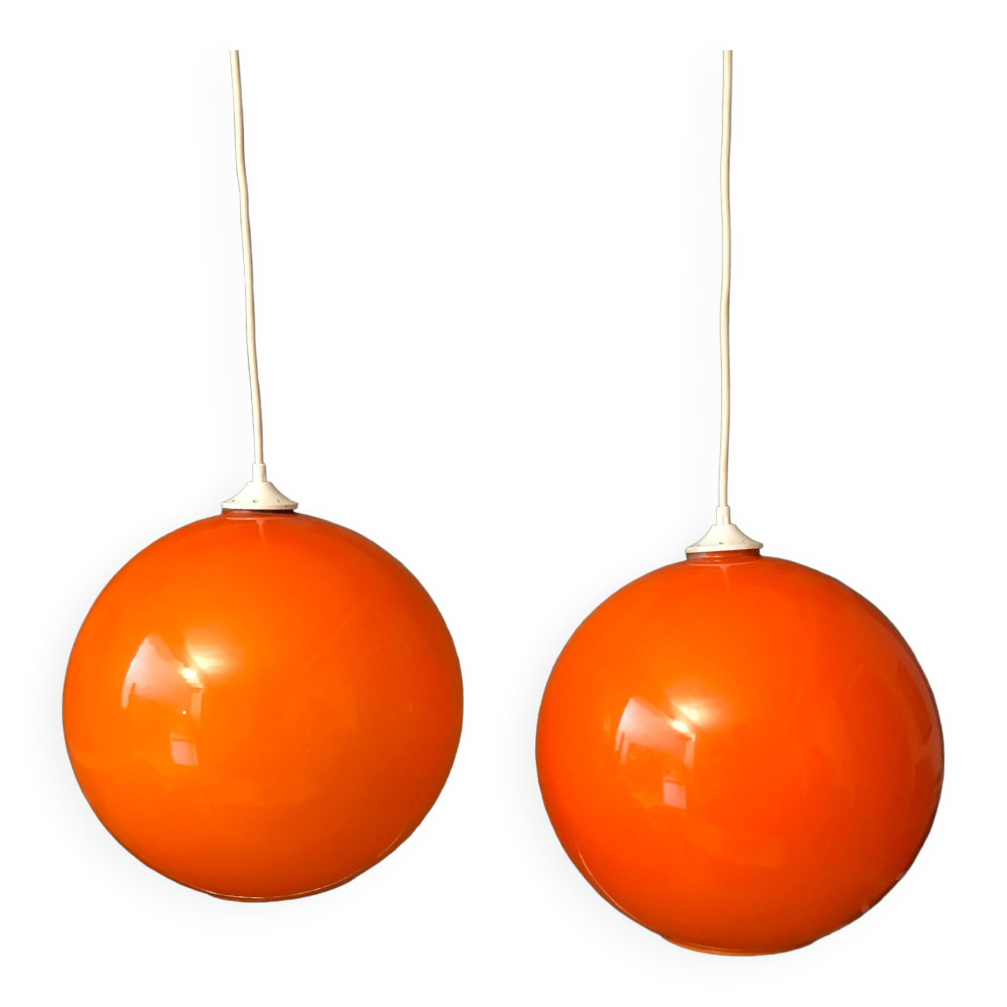 Pair of orange glass ball suspensions, 70s.