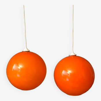 Pair of orange glass ball suspensions, 70s.