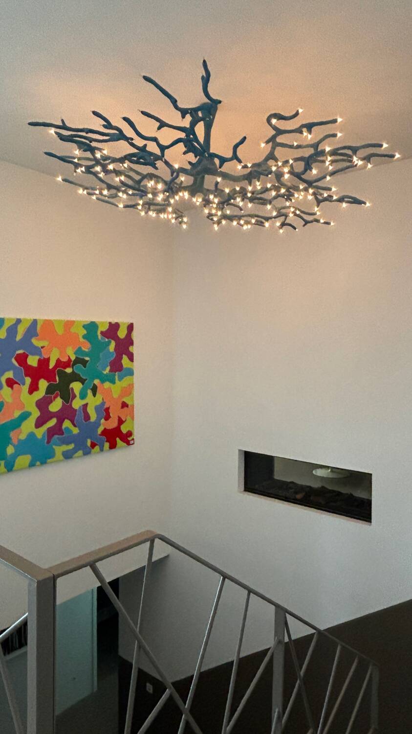 Blue resin chandelier, unique piece created by a visual artist