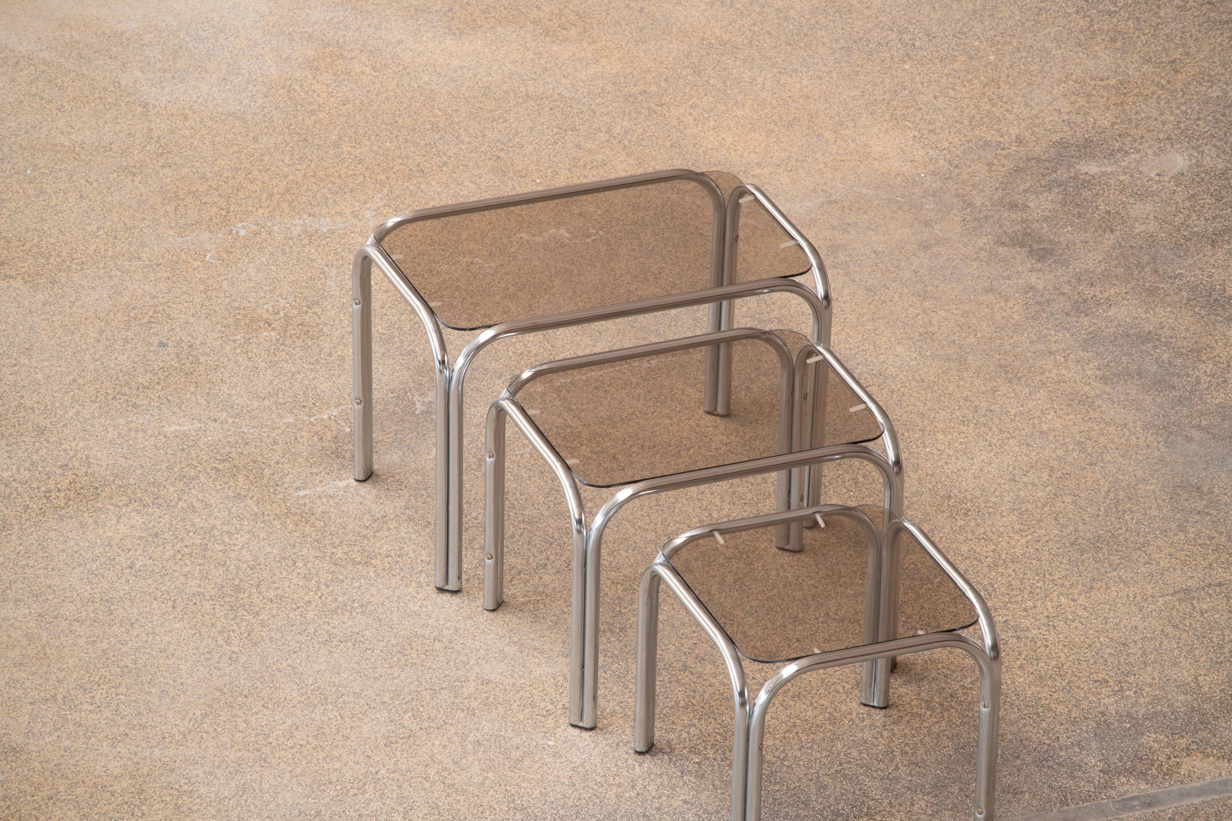 Vintage chrome and glass built-in coffee tables 1970