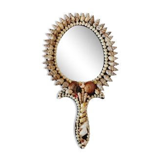 Miroir face à main ou à suspendre vintage en coquillages 36 X 20cm