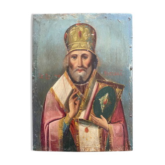 Old painting Russian Icon Saint Nicholas the Wonderworker