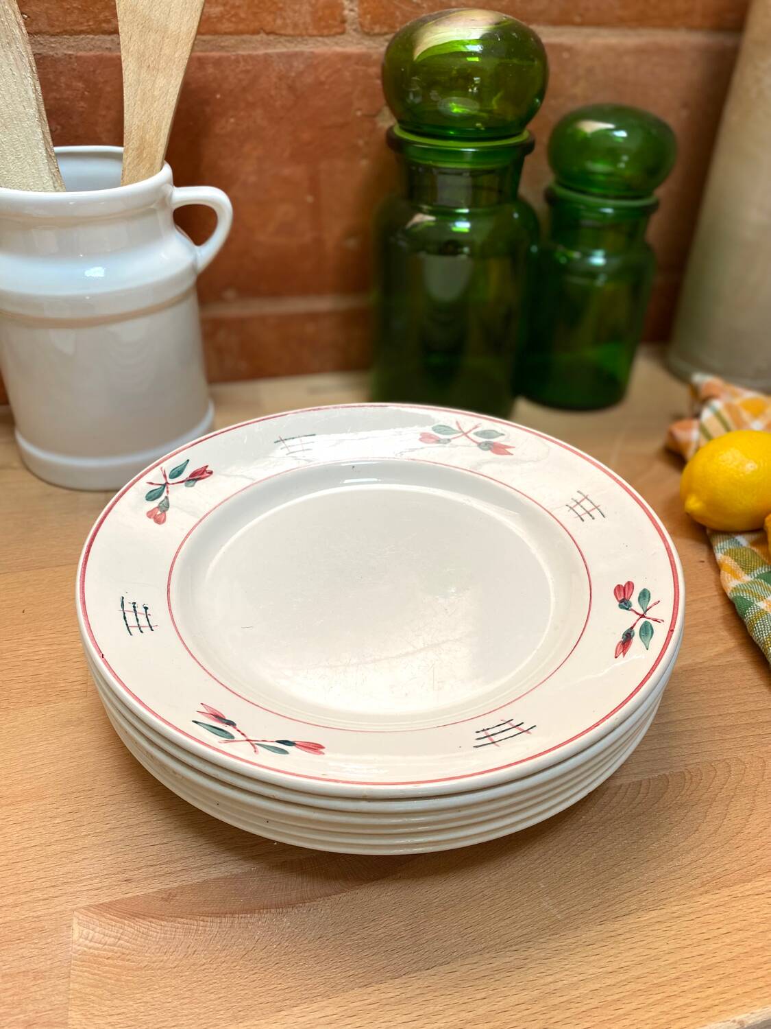 6 pink and green plates in old earthenware from St Amand