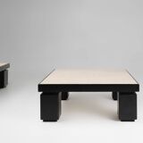 Set of 2 mid-century coffee tables in oak with travertine top