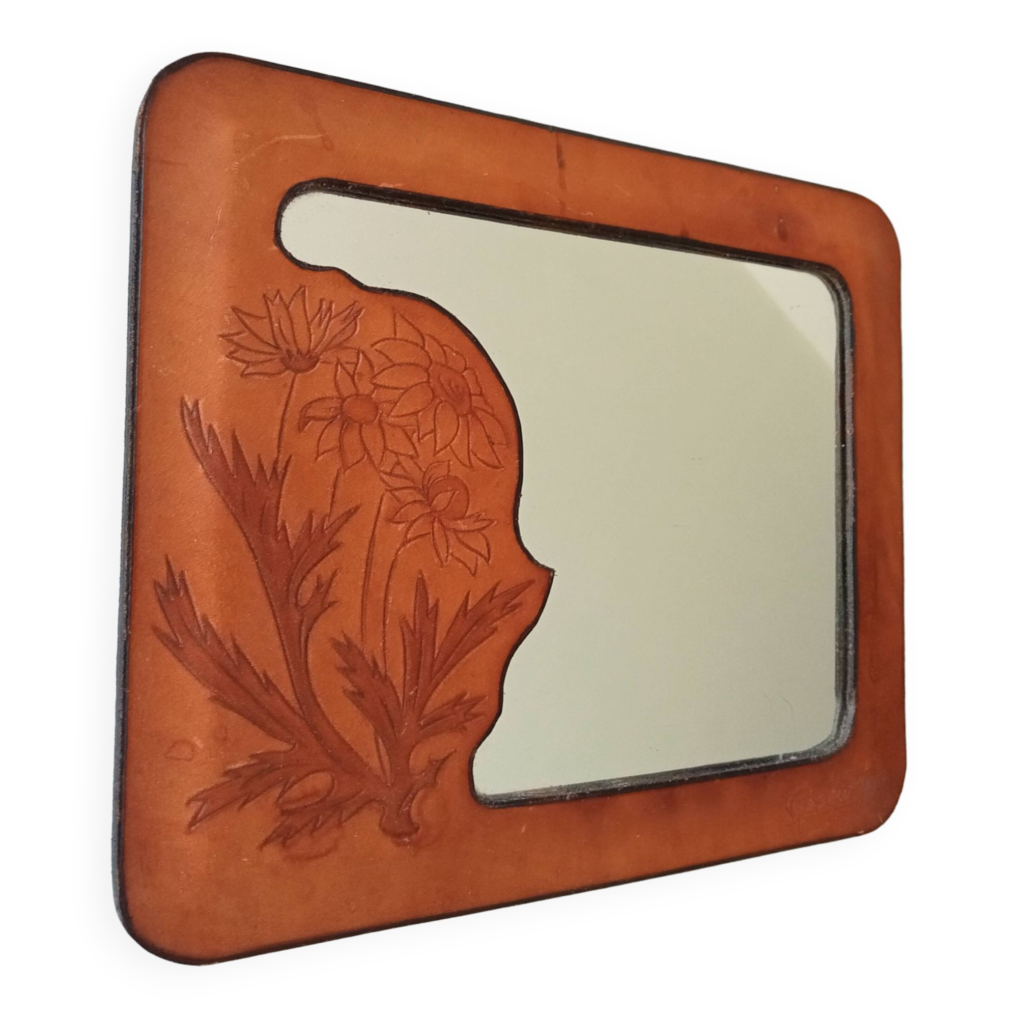 Vintage 70s mirror in wood and leather
