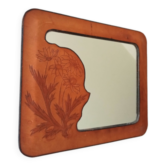 Miroir vintage années 70 en bois et cuir