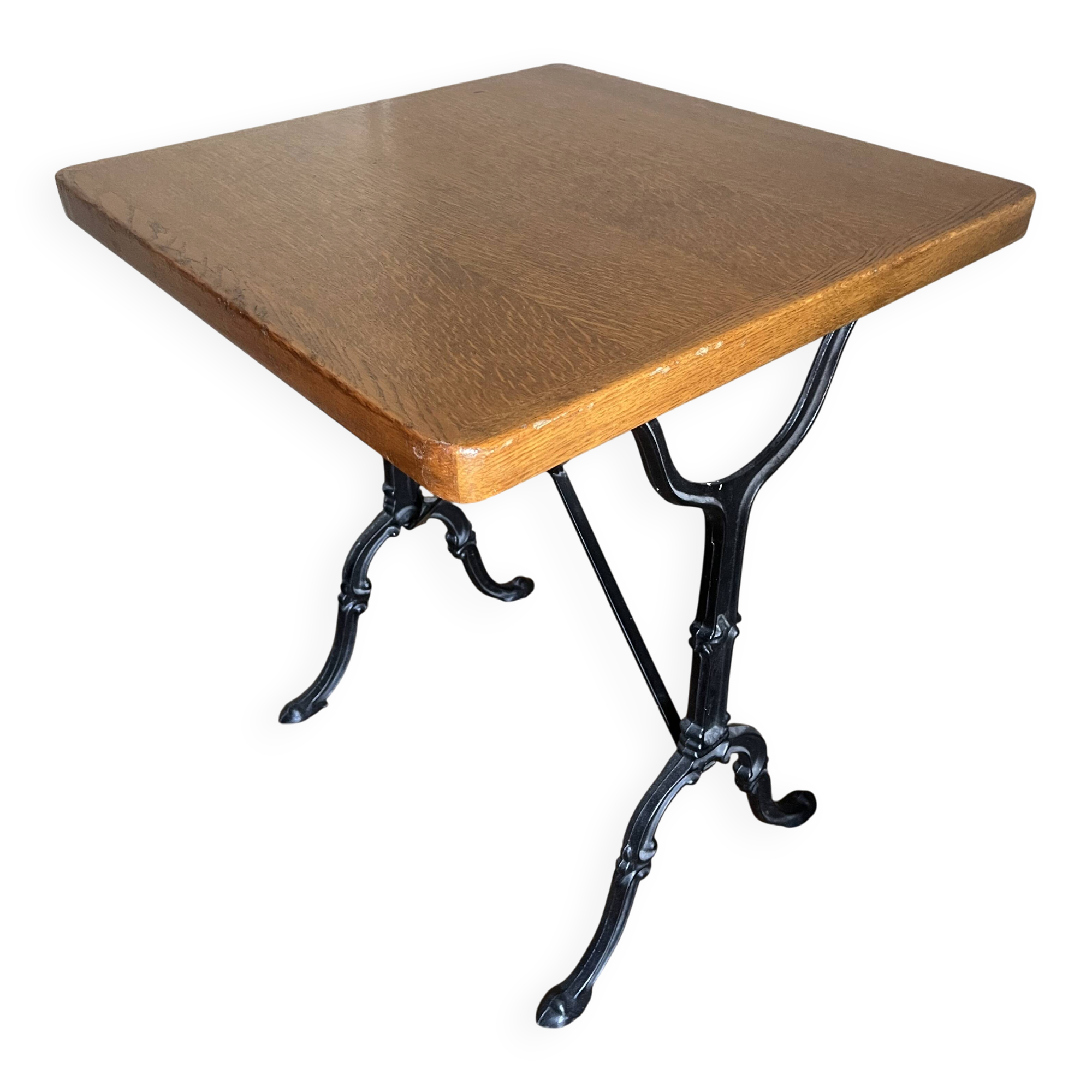Superb square table made of solid oak from the 1960s, with a cast iron bistro base.